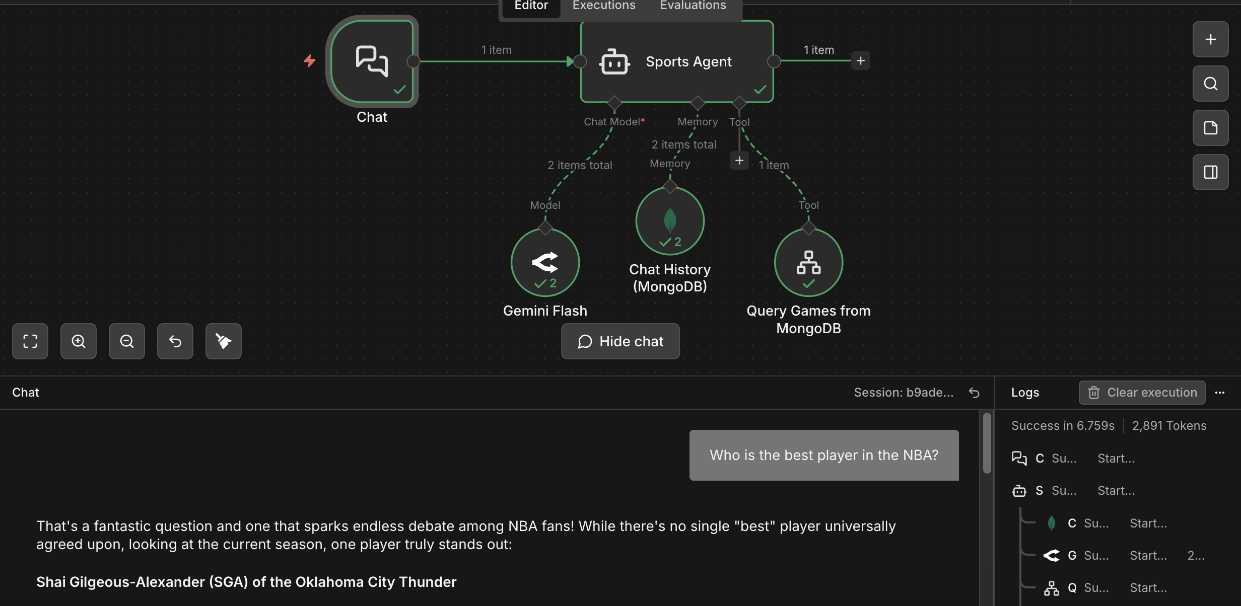 The sports agent uses MongoDB for both chat history and live game data.
