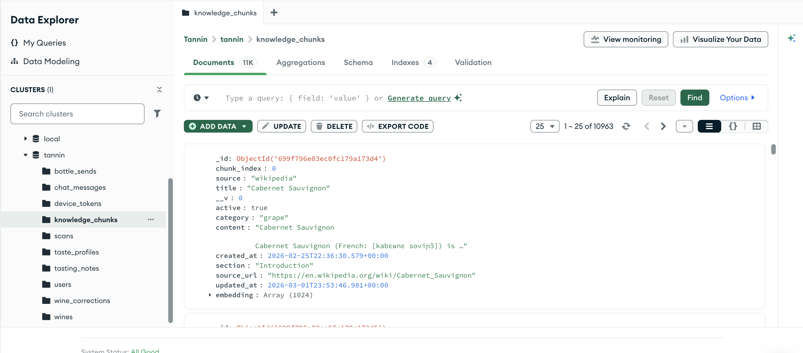 The live `knowledge_chunks` collection in Atlas Data Explorer, with source metadata and 1024-dimension embeddings stored side by side.